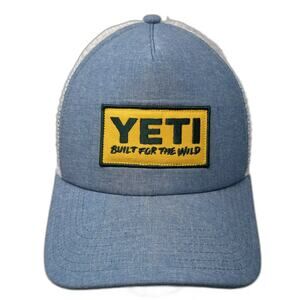 Yeti Trucker Hat Blue White OS Snapback Mesh Back Built For The Wild Logo Patch